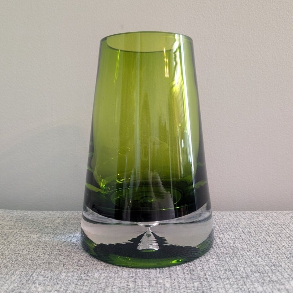 Krosno Art Glass Tapered Green Cylinder Vase with Controlled Bubble Base, 7.25"
